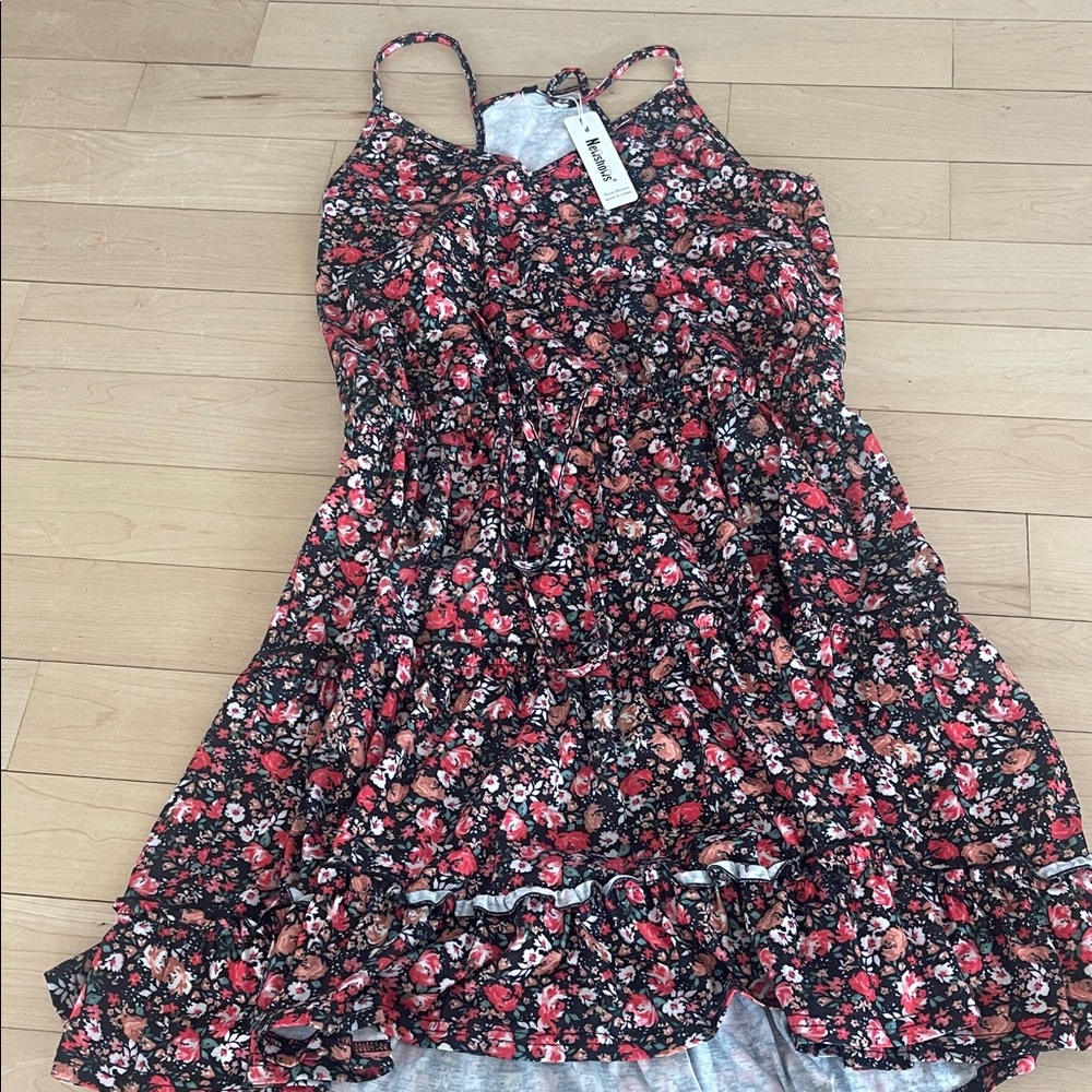 Floral Ruffle Tiered Sundress - Black with Red & Pink Roses